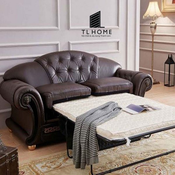 Sofa giường tân cổ điển khung inox bọc da thật